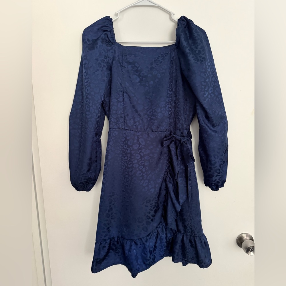 Long Balloon Sleeve Animal Print Satin Faux-Wrap Dress- big girls